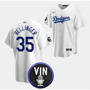 MLB Dodgers 35 Cody Bellinger 2022 White Vin Scully Patch Nike Cool Base Men Jersey