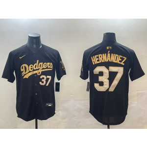 MLB Dodgers 37 Hernandez Black Gold Nike Cool Base Men Jersey