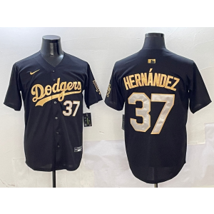 MLB Dodgers 37 Hernandez Black Gold Nike Cool Base Men Jersey