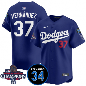 MLB Dodgers 37 Hernandez Blue 2024 World Series Champion Nike Cool Base Men Jersey with 34 Patch