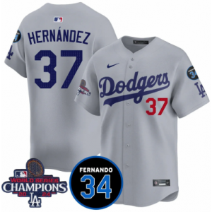 MLB Dodgers 37 Hernandez Grey 2024 World Series Champion Nike Cool Base Men Jersey with 34 Patch
