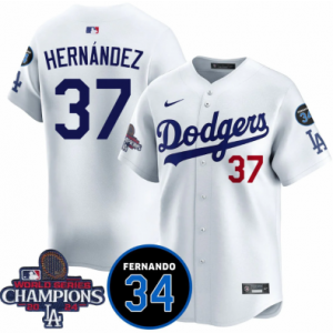 MLB Dodgers 37 Hernandez White 2024 World Series Champion Nike Cool Base Men Jersey with 34 Patch