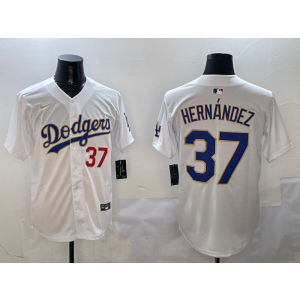 MLB Dodgers 37 Hernandez White Gold Nike Cool Base Men Jersey