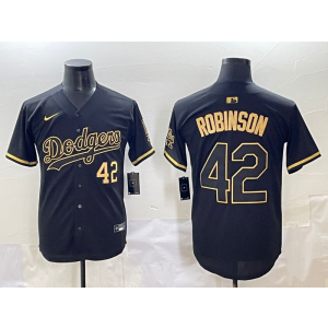 MLB Dodgers 42 Jackie Robinson Black Gold Nike Cool Base Men Jersey