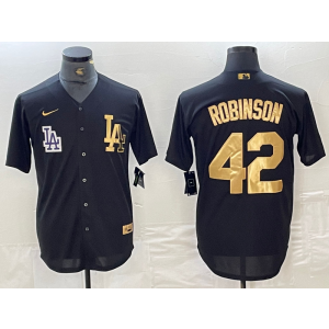 MLB Dodgers 42 Jackie Robinson Black Gold Nike Cool Base Men Jersey