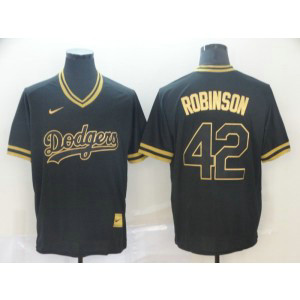 MLB Dodgers 42 Jackie Robinson Black Gold Nike Cooperstown Legend V Neck Men Jersey
