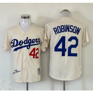 MLB Dodgers 42 Jackie Robinson Cream Throwback Men Jersey