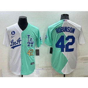 MLB Dodgers 42 Jackie Robinson White Green Gold Nike Cool Base Split Men Jersey