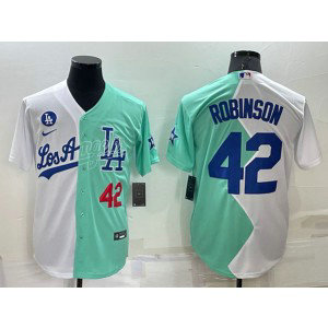 MLB Dodgers 42 Jackie Robinson White Green Nike Cool Base Split Men Jersey