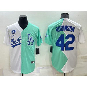 MLB Dodgers 42 Jackie Robinson White Green Split Nike Cool Base Men Jersey