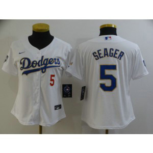 MLB Dodgers 5 Corey Seager White Gold Champion Cool Base Women Jersey