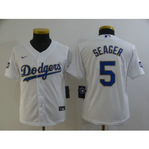 MLB Dodgers 5 Corey Seager White Gold Champion Cool Base Youth Jersey
