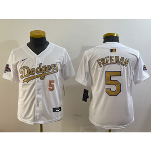 MLB Dodgers 5 Freddie Freeman 2025 White Gold Collection Nike Cool Base Youth Jersey