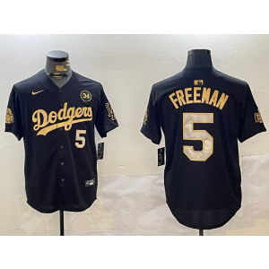 MLB Dodgers 5 Freddie Freeman Black Gold 2024 World Series Cool Base Men Jersey with 34 Patch