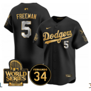 MLB Dodgers 5 Freddie Freeman Black Gold 2024 World Series Nike Cool Base Men Jersey with 34 Patch