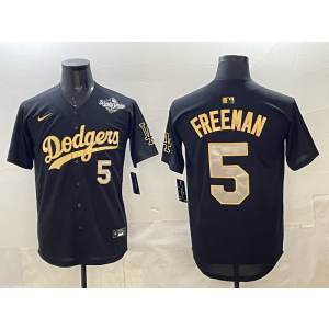 MLB Dodgers 5 Freddie Freeman Black Gold 2025 World Series Nike Cool Base Men Jersey 1
