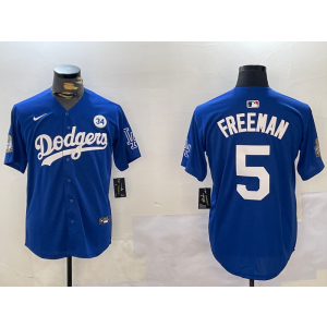 MLB Dodgers 5 Freddie Freeman Blue 2024 World Series Champion Nike Cool Base Men Jersey with 34 Patch