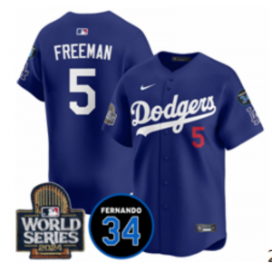 MLB Dodgers 5 Freddie Freeman Blue 2024 World Series Nike Cool Base Men Jersey with 34 Patch