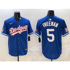MLB Dodgers 5 Freddie Freeman Blue USA Flag Nike Cool Base Men Jersey