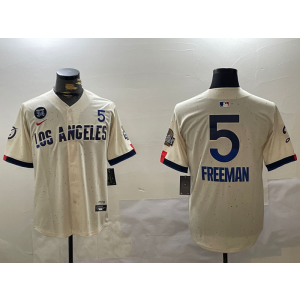 MLB Dodgers 5 Freddie Freeman Cream 2024 World Series Nike Cool Base Men Jersey with 34 Patch