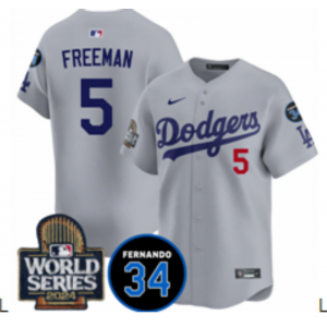 MLB Dodgers 5 Freddie Freeman Gray 2024 World Series Nike Cool Base Men Jersey with 34 Patch