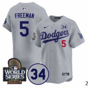MLB Dodgers 5 Freddie Freeman Gray 2024 World Series Nike Cool Base Men Jersey with 34 Patch