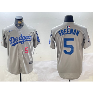 MLB Dodgers 5 Freddie Freeman Grey 2024 World Series Nike Cool Base Men Jersey with 34 Patch