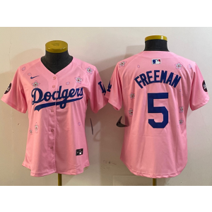 MLB Dodgers 5 Freddie Freeman Pink 2025 Tokyo Series Nike Cool Base Women Jersey