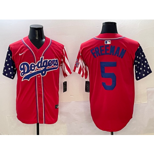 MLB Dodgers 5 Freddie Freeman Red USA Flag Nike Cool Base Men Jersey