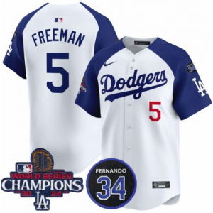 MLB Dodgers 5 Freddie Freeman White 2024 World Series Champion Nike Cool Base Men Jersey with 34 Patch