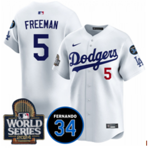 MLB Dodgers 5 Freddie Freeman White 2024 World Series Nike Cool Base Men Jersey with 34 Patch