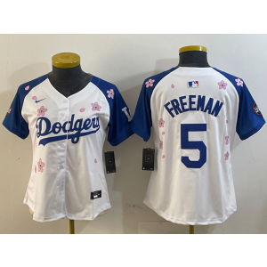 MLB Dodgers 5 Freddie Freeman White Blue 2025 Tokyo Series Nike Cool Base Women Jersey