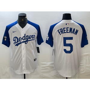 MLB Dodgers 5 Freddie Freeman White Blue Nike Cool Base Men Jersey