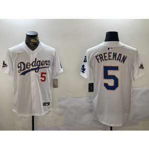 MLB Dodgers 5 Freddie Freeman White Gold 2024 World Series Champion Nike Cool Base Men Jersey