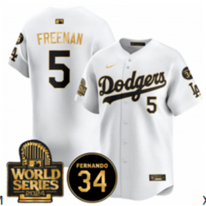 MLB Dodgers 5 Freddie Freeman White Gold 2024 World Series Cool Base Men Jersey with 34 Patch