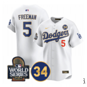 MLB Dodgers 5 Freddie Freeman White Gold 2024 World Series Nike Cool Base Men Jersey with 34 Patch