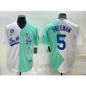 MLB Dodgers 5 Freddie Freeman White Green Gold Nike Cool Base Split Men Jersey