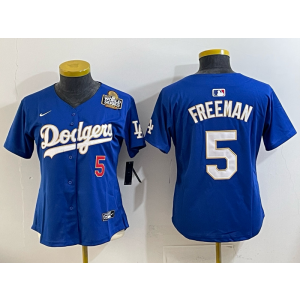 MLB Dodgers 5 Freeman Blue Gold 2025 World Series Nike Cool Base Women Jersey