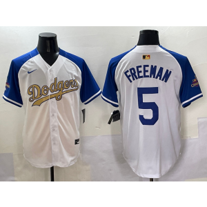 MLB Dodgers 5 Freeman Blue White Gold Champion Nike Cool Base Men Jersey