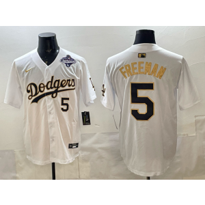 MLB Dodgers 5 Freeman White Gold 2025 World Series Champion Nike Cool Base Men Jersey
