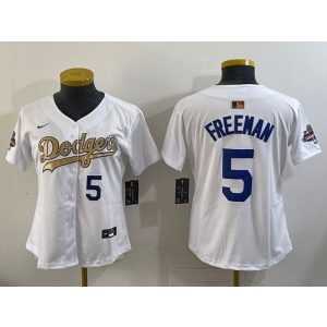 MLB Dodgers 5 Freeman White Gold Champion Nike Cool Base Women Jersey
