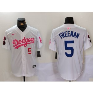MLB Dodgers 5 Freeman White Pink Nike Cool Base Men Jersey