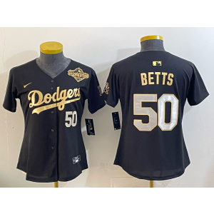 MLB Dodgers 50 Betts Black Gold 2025 World Series Nike Cool Base Women Jersey