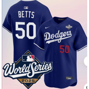 MLB Dodgers 50 Betts Blue 2025 World Series Nike Cool Base Men Jersey