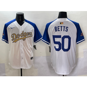 MLB Dodgers 50 Betts Blue White Gold Champion Nike Cool Base Men Jersey