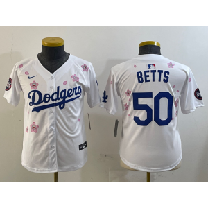 MLB Dodgers 50 Betts White 2025 Tokyo Series Nike Cool Base Youth Jersey