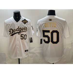 MLB Dodgers 50 Betts White Gold 2025 World Series Champion Nike Cool Base Men Jersey