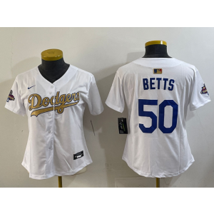 MLB Dodgers 50 Betts White Gold Champions Nike Cool Base Women Jersey