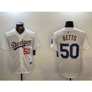 MLB Dodgers 50 Betts White Gold Nike Cool Base Men Jersey