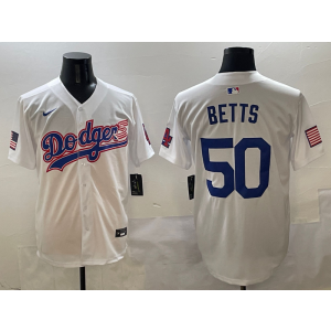 MLB Dodgers 50 Betts White USA Flag Nike Cool Base Men Jersey